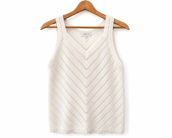 Isela Sweaters - Isela Pointelle Knit Tank Top Ivory Chevron Sweater Vest Women's Medium